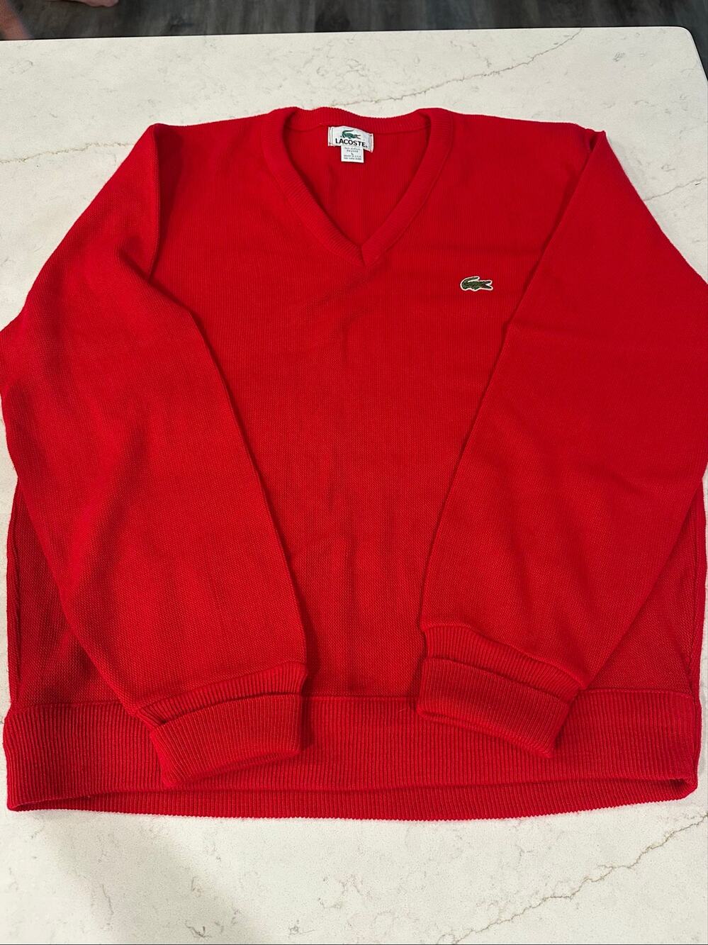 Vintage Lacoste Made in USA Red V-Neck Acrylic Sweater Large Preppy Crocodile